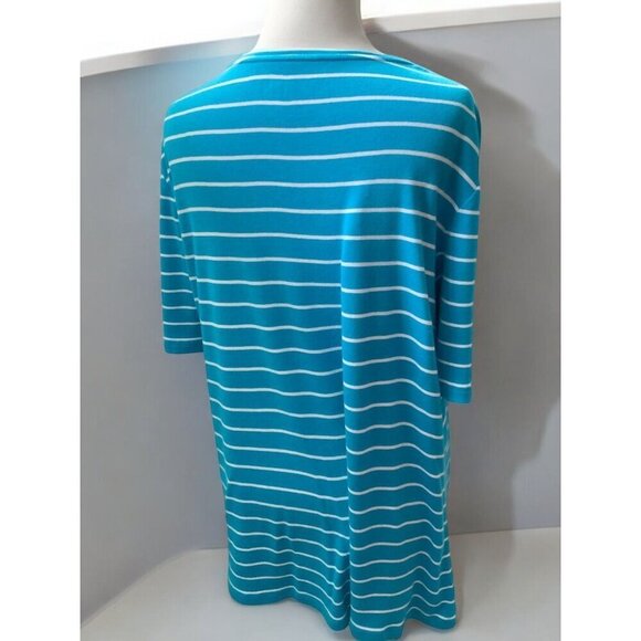 Chicos Relaxed Scoop Neck XL Short Elbow Sleeve Tee Turquoise White Striped - Picture 3 of 8